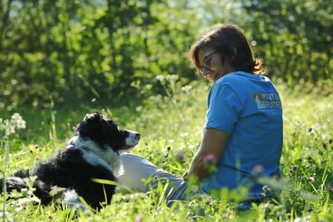 Hund liegt neben seinem in der Wiese sitzenden Menschen. Die beiden schauen sich an.