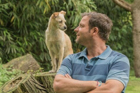 Martin Rütter schaut einem Hund mit hellem Fell in die Augen