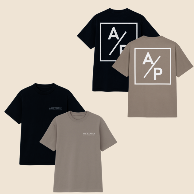 T-Shirt Unisex "ADOPTIEREN STATT PRODUZIEREN" in Graphitgrau und Taupe