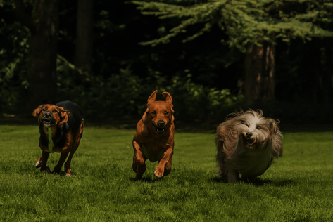 Drei Hunde rennen auf die Kamera zu