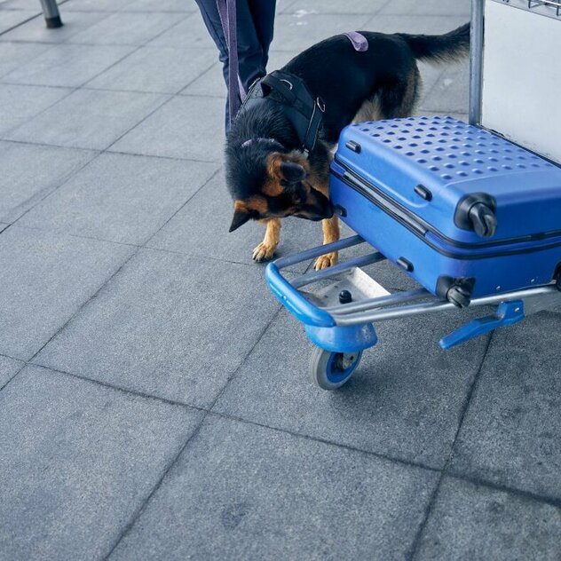 Deutscher Schäferhund schnüffelt am Koffer