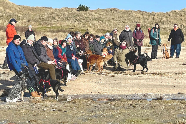 Urlaub mit Hund: Eine Gruppe Menschen mit Hunden am Strand.