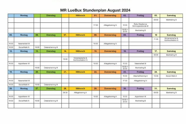 Stundenplan der Trainingsangebote im August.