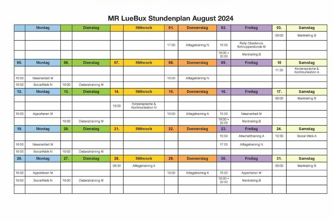 Stundenplan der Trainingsangebote im August.