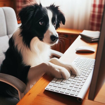 Ein Border Collie der einen Computer bedient.