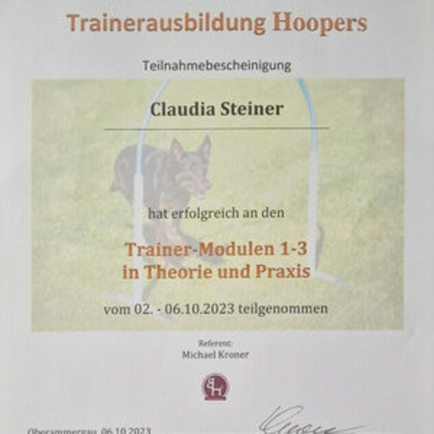 Hoopers Trainer Zertifikat von Claudia