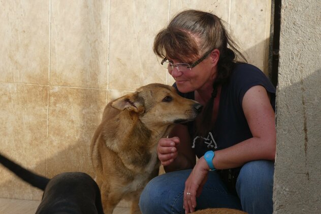 Doreen Hörchner tröstet Tierheimhund in Ägypten