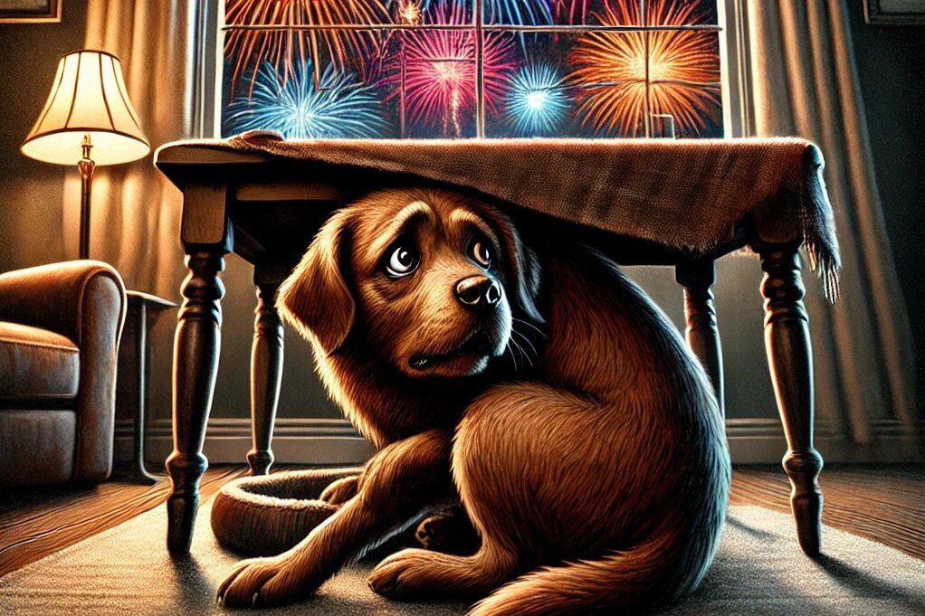 Hund kauert unter Tisch, im Fenster sieht man Feuerwerk