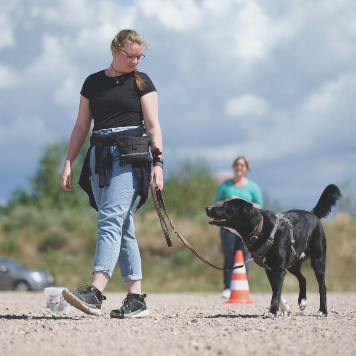 Ein schwarzer Hund läuft neben einer Frau und schaut zu ihr.